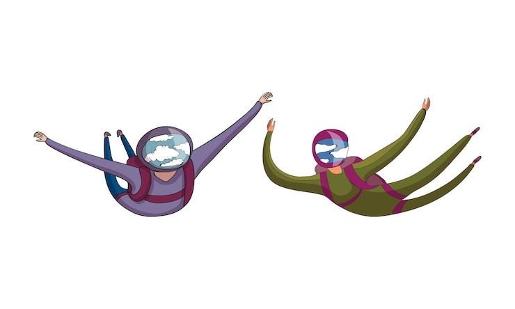 Vector paracaidistas o paracaidistas en caída libre y descenso con conjunto vectorial de paracaídas