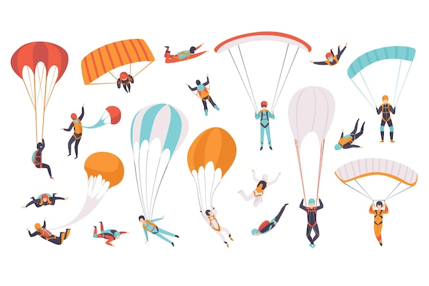 Paracaidistas volando con paracaídas Set Deporte extremo Paracaidismo Parapenteo y paracaidismo Ilustración vectorial de dibujos animados