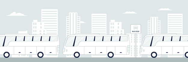 Parada de autobús urbano Autobuses de transporte social urbano esperando en la parada Reubicación y viajes transporte público interurbano escena vectorial de ilustración de transporte urbano