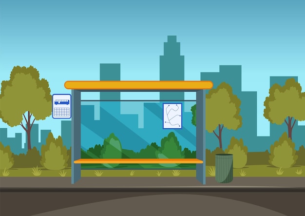 Parada de autobús vacía refugio de la lluvia lugar de transporte público al aire libre calle urbana dibujos animados vector plano