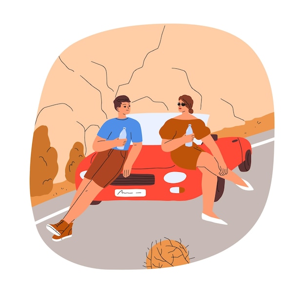 Parada después del viaje en coche. Pareja durante el viaje por carretera de vacaciones de verano. Hombre, mujer turistas se detienen a beber agua cerca de un auto convertible en un viaje de vacaciones. Ilustración de vector plano aislado sobre fondo blanco