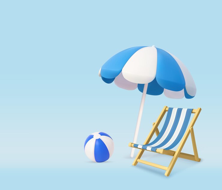 Vector paraguas 3d y silla y pelota de playa