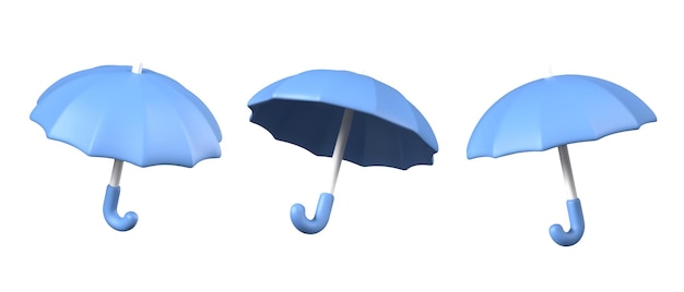 Paraguas azules abiertos 3D en diferentes posiciones Modelo para conceptos de seguro de protección