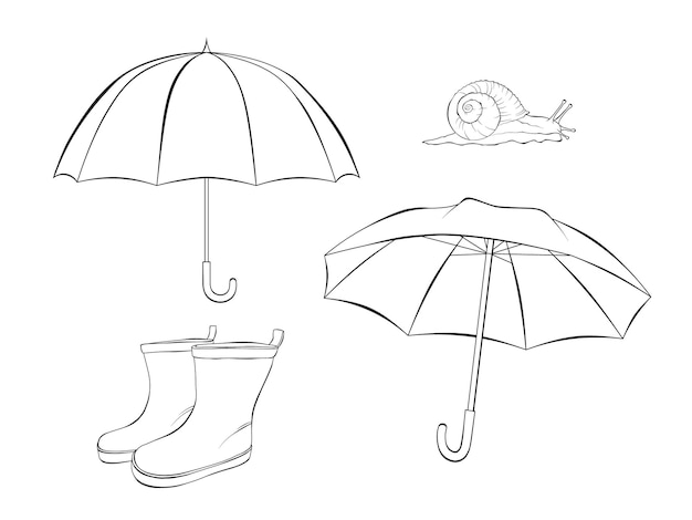 Paraguas Botas de lluvia Caracol Arte de línea de lluvia Ilustración vectorial de contorno sobre fondo blanco