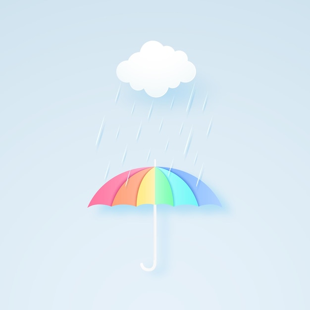 Vector paraguas de color arco iris con lluvia y nubes, temporada de lluvias, tormenta, estilo de arte en papel