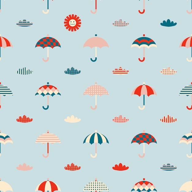 Paraguas dibujado a mano en el cielo patrón sin costuras impresión perfecta para tela textil camiseta ilustración geométrica para decoración y diseño