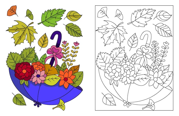 Paraguas lleno de hojas de otoño y flores hojas de arce de regalo Páginas de ilustración para colorear de temporada de otoño