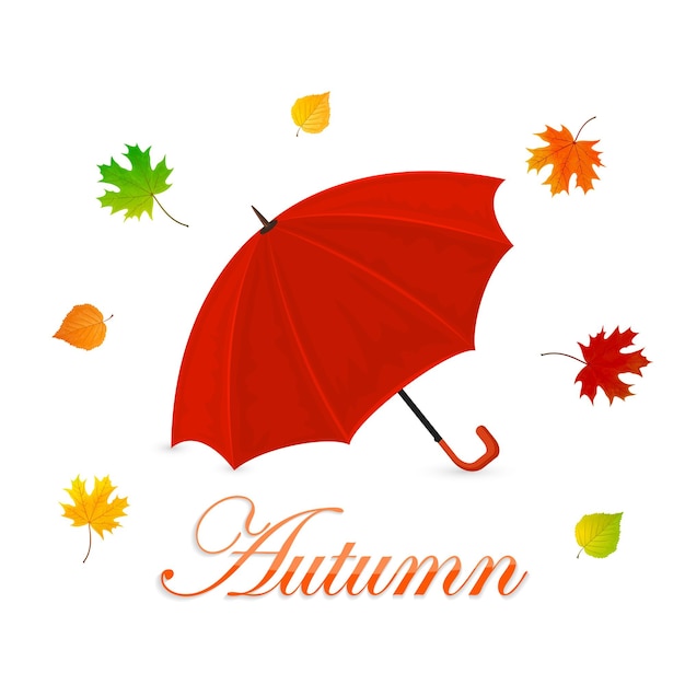Paraguas rojo y hojas de otoño