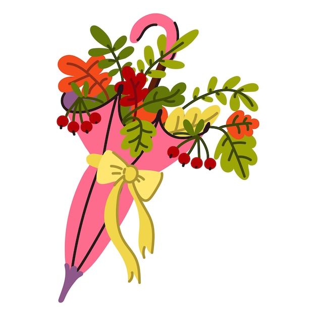 Paraguas rojo lleno de hojas de otoño bayas ilustración plana vectorial sobre un fondo blanco