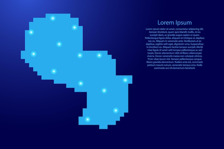 Vector paraguay mapa silueta de píxeles cuadrados azules y estrellas brillantes. ilustración vectorial.