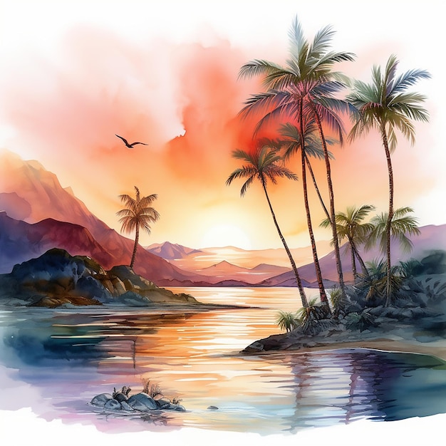 Vector paraíso paisaje marítimo complejo caribeño tropical palma costa acuarela ola amanecer crepúsculo horizonte