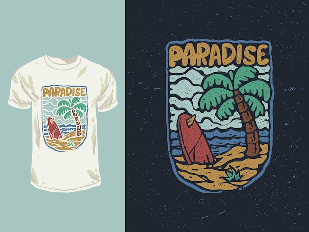 El paraíso de la playa de la ilustración de la camiseta del surfista.