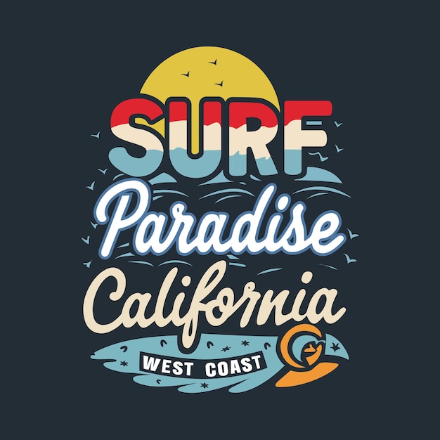 El paraíso de surf de la costa oeste de California CA TPography diseño de camiseta