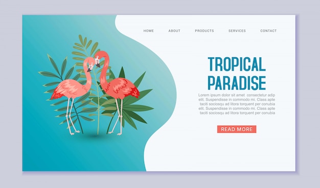 Paraíso tropical web de aterrizaje. flamigo en la naturaleza exótica con hojas de palma sobre fondo azul. sitio web de viajes y vacaciones en el paraíso tropical.