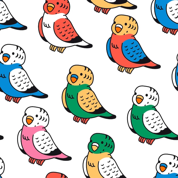 Parakeet pájaro vectorial dibujos animados fondo de patrón sin costuras para el embalaje de papel tapiz embalaje y telón de fondo