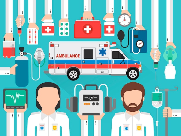 Paramédico médico con diseño plano de ambulancia Ilustración vectorial