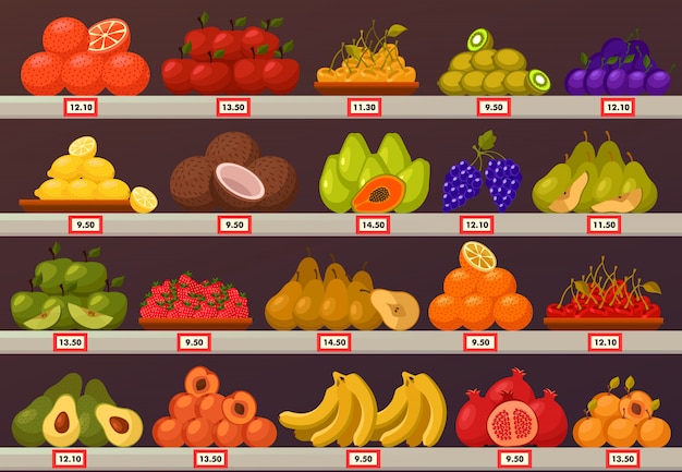 Vector pararse o pararse con frutas y precios