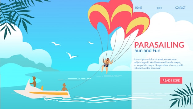 Vector parasailing banner horizontal, parasail wing con hombre tirado en barco en el océano