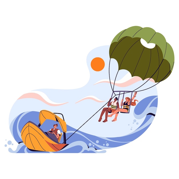 Vector parasailing en las vacaciones de verano vacaciones en el mar gente divertida volando en paracaídas en el cielo barco tirando del paracaídas con una cuerda por encima del agua deporte extremo ilustración de vector aislado plano en fondo blanco