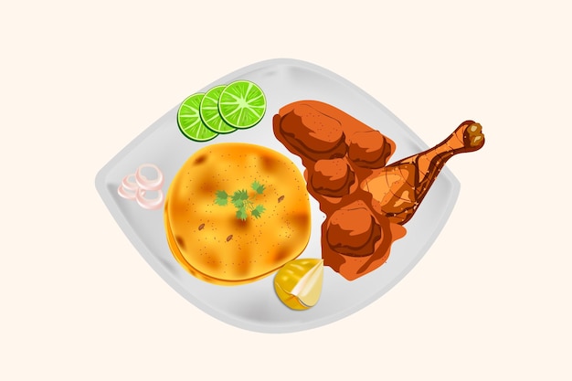 Paratha de comida tradicional india con ilustración de vector de curry de pollo