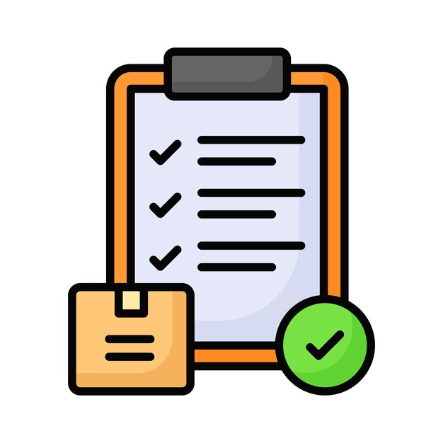 Parcel con marca de marca y portapapeles que denotan el icono conceptual del vector de pedido aprobado, pedido entregado