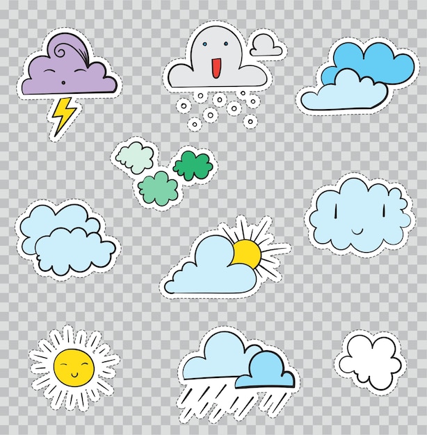 Parche insignias con condiciones climáticas y nubes. Ilustración de vector aislado sobre fondo transparente. Set Pack de pegatinas, alfileres, parches en estilo cómic de dibujos animados de los 80 - 90.