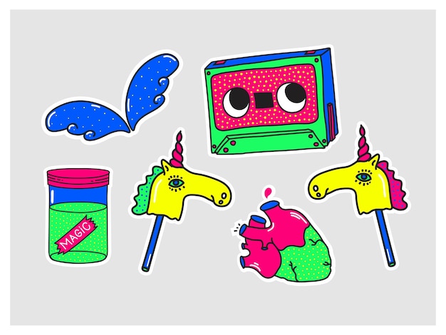 Parche pegatina niñas elementos vector ilustración aislada sobre fondo gris colección de formas en dibujos animados 80s90s estilo cómico para jóvenes laptop ropa textil tela patrón verde rosa amarillo