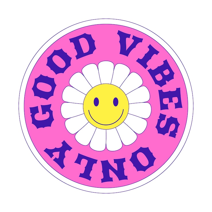 Vector parche y2k una pegatina redonda con una margarita, una cara sonriente y las palabras solo buenas vibraciones elemento gráfico de texto en colores ácidos brillantes nostalgia por la década de 2000 ilustración vectorial simple aislada en blanco