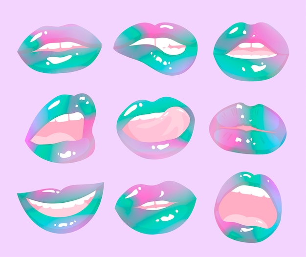 Vector parches de doodle de labios de arco iris mágico. colección de labios holográficos.