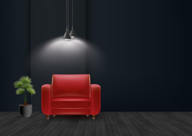Vector pared azul oscuro en la sala de estar con piso de madera, un sofá rojo