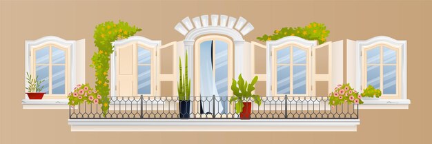 Pared beige de composición de balcón vintage con cerca de cinco ventanas blancas y macizos de flores ilustración vectorial