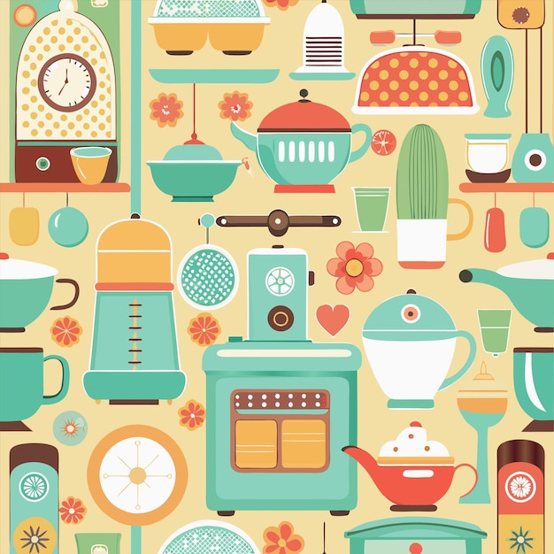 una pared colorida con una colección de electrodomésticos de cocina y un reloj