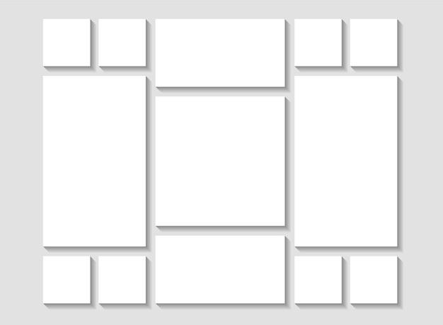 Una pared de cuadrados blancos Plantilla de collage de fotos Rejilla de tablero de humor Ilustración vectorial Álbum vacío