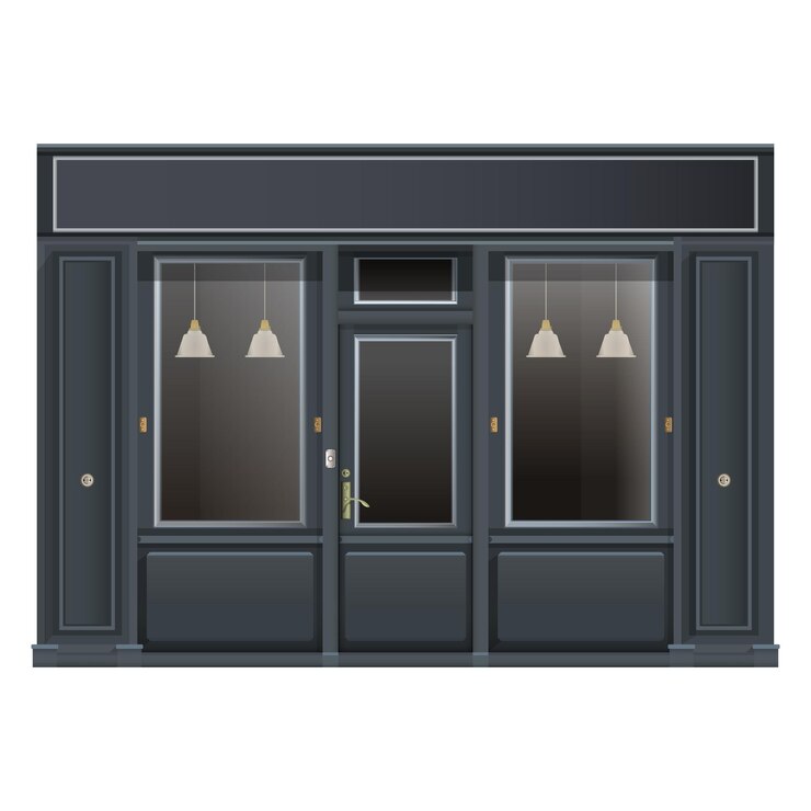 Vector pared de entrada frente a la tienda en estilo realista puerta y ventanas elementos de construcción al aire libre coloridos