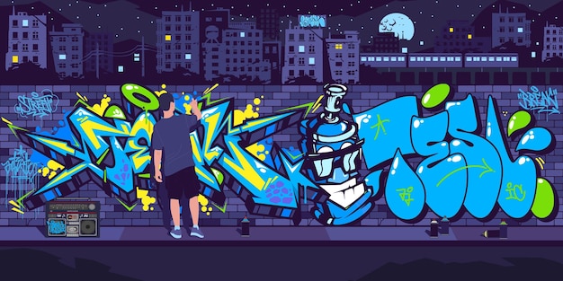 Pared de graffiti urbano oscuro con artista callejero pintando dibujos de graffiti en la noche contra el fondo del paisaje urbano Ilustración vectorial