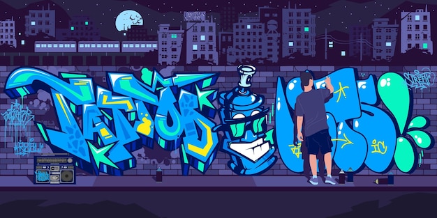 Pared de graffiti urbano oscuro con artista callejero pintando dibujos de graffiti en la noche contra el fondo del paisaje urbano ilustración vectorial