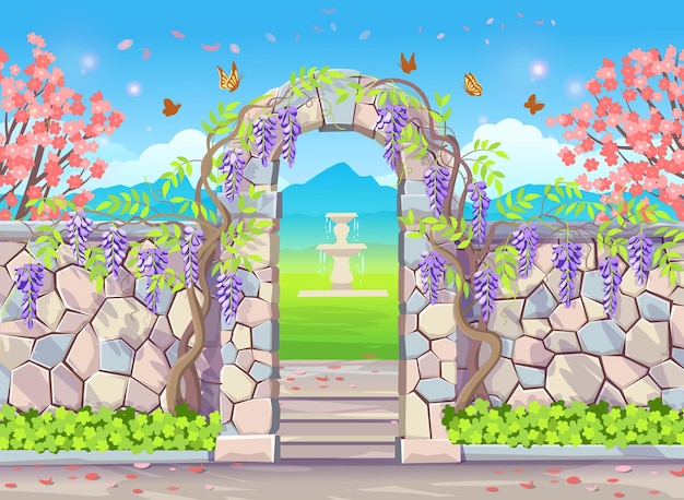 Vector pared de ladrillo con arco de puerta con wisteria spring park con árboles en flor fuente mariposas y glicinias