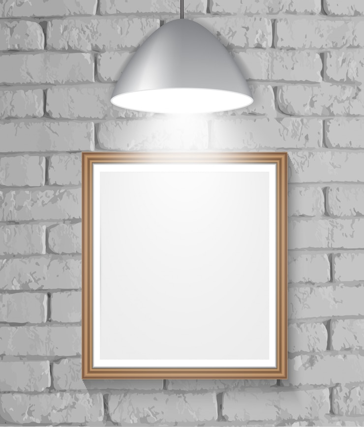 Pared de ladrillo blanco con plafón y marco de madera vacío.