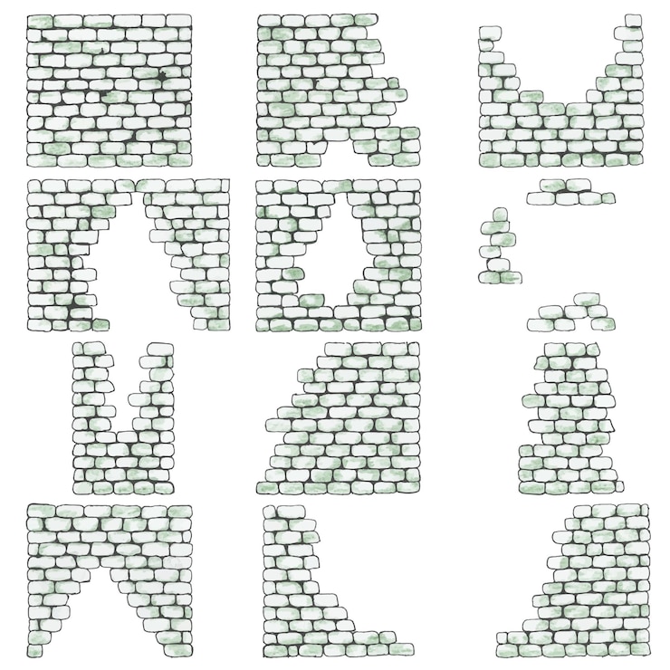 Vector pared de ladrillo dibujada a mano fondo de mampostería de ladrillo blanco con manchas verdes mampostería en ejecución vector