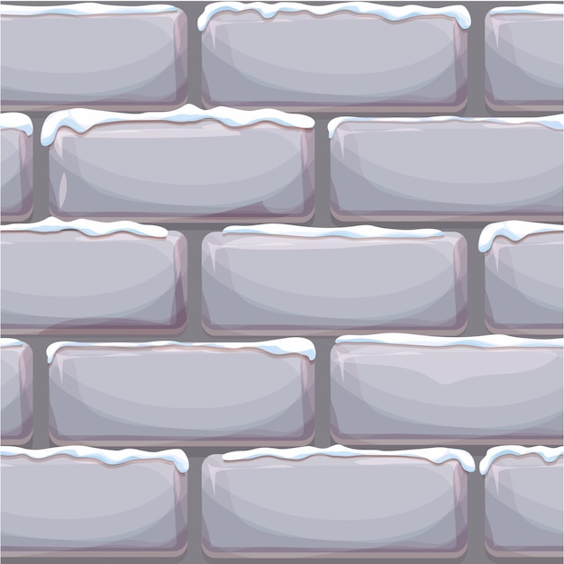 Vector pared de ladrillo con nieve, ladrillos de piedra, superficie de roca en estilo de dibujos animados, fondo transparente de invierno.