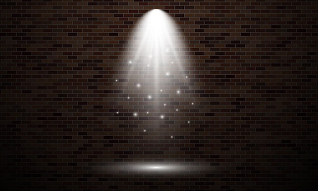 Pared de ladrillo con punto de luz. Efecto de luz aislado de color blanco sobre fondo de pared de ladrillo oscuro. Ilustración vectorial