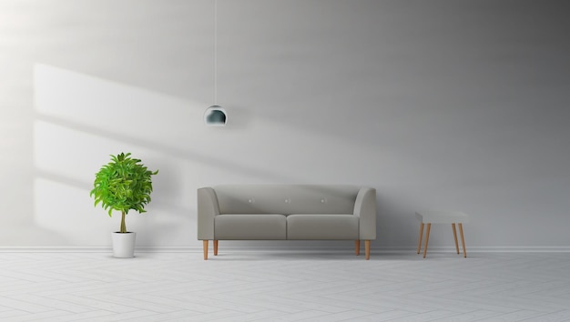 Vector pared limpia interior de sala de estar con mesa de lámpara de sofá gris y planta