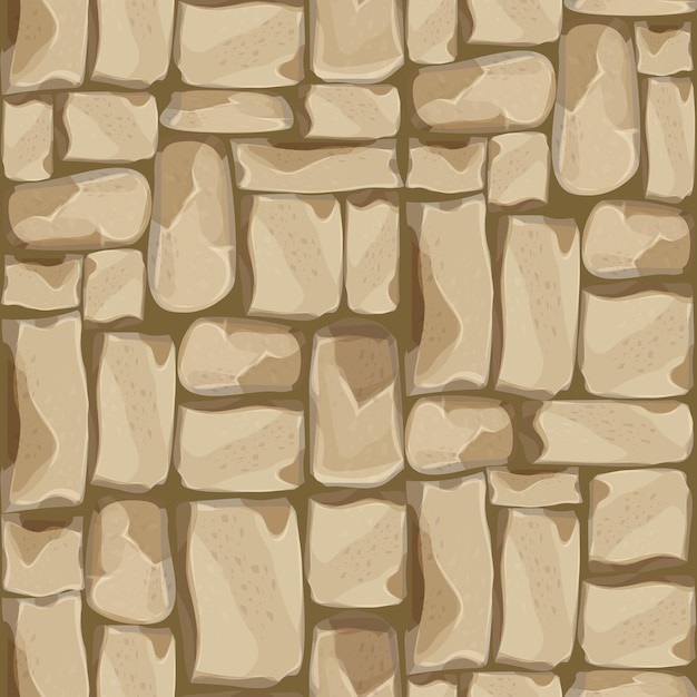 Pared de piedra de ladrillos, roca, fondo de juego en estilo de dibujos animados, superficie texturizada sin costuras