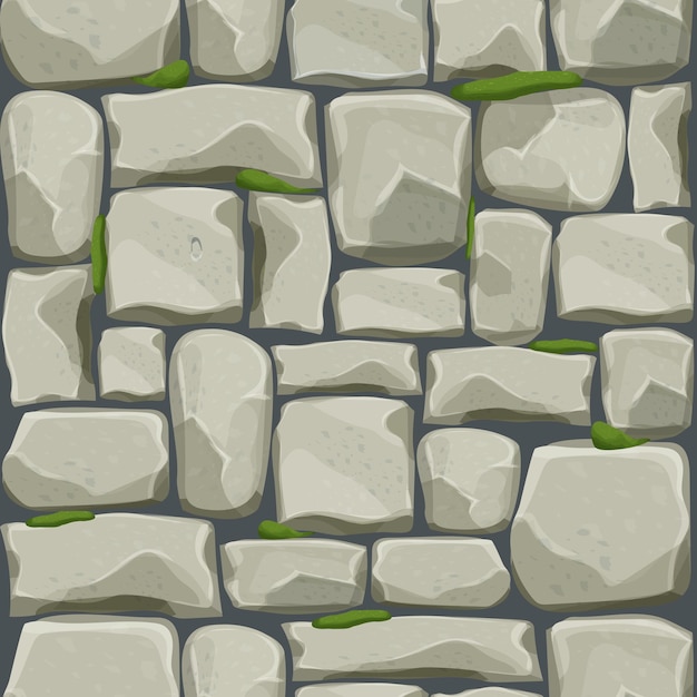 Pared de piedra de roca de ladrillos con fondo de juego de musgo antiguo en estilo de dibujos animados