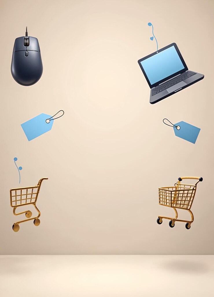 Vector una pared con un ratón y una computadora portátil con etiquetas vacías azules y carros de compras en él están flotando