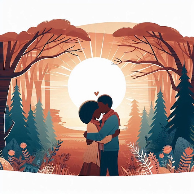 Vector una pareja se abraza en un bosque con un sol en el diseño de ilustración de fondo