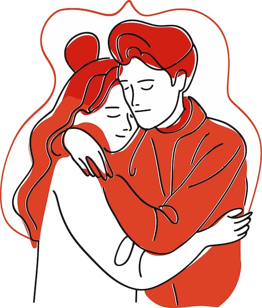 una pareja se abraza en un estampado naranja y rojo