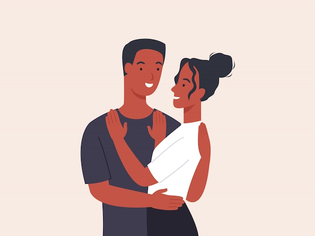 Vector pareja abrazados. linda pareja abrazándose unos a otros. hombre y mujer mirándose a los ojos. feliz pareja de enamorados.