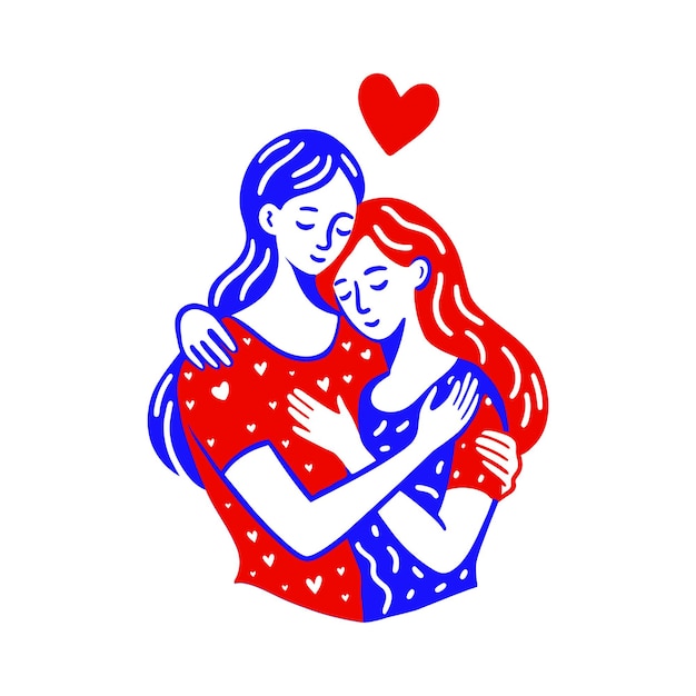 Pareja abrazando a una mujer con símbolo de corazón y colores contrastantes ilustración minimalista vectorial
