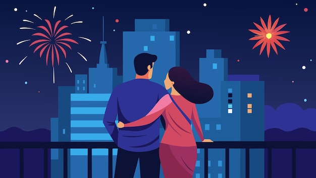 Una pareja abrazándose en su balcón disfrutando de la impresionante vista de fuegos artificiales contra la ciudad